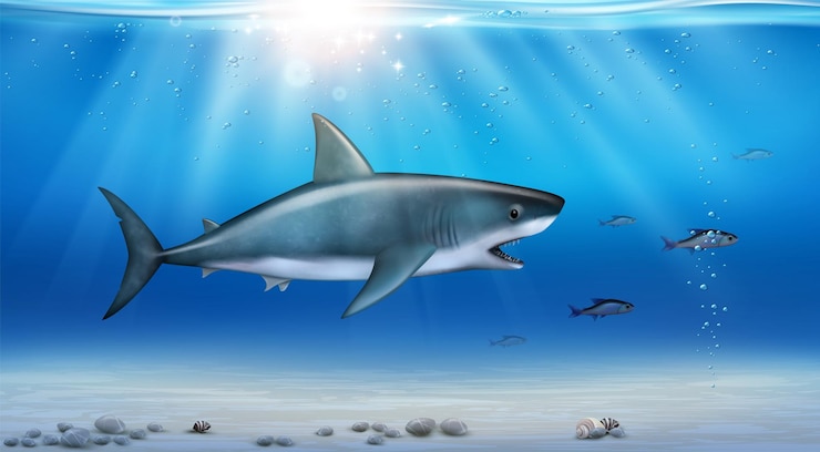 Free Vector realistic side view of hunting shark with open mouth under water vector illustration