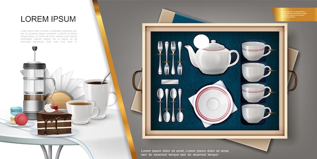 Реалистичная концепция столового серебра и посуды с набором чайной тарелки, вилок, ложек, кружек и держателя для салфеток, скатерти, кофейных чашек, торта на столе, иллюстрация