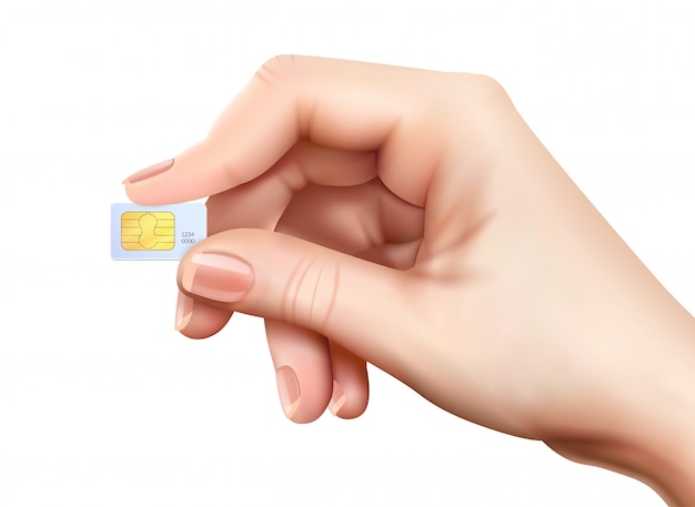 Realistic sim card hand composition with little plastic card in hands on white