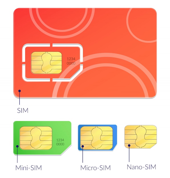 L'icona realistica delle carte sim ha messo con differenti tipi mini micro e illustrazione nana di sim