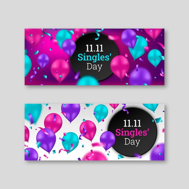 Free vector realistic single's day horizontal banners set with balloons