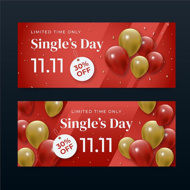 Realistic single's day horizontal banners set