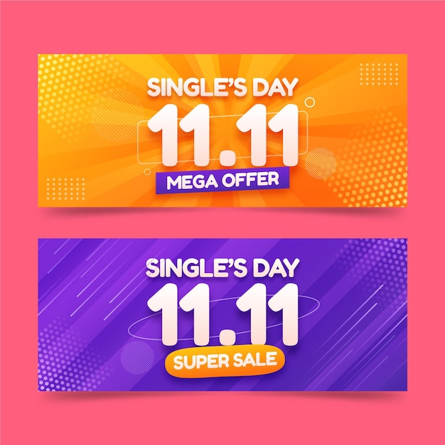 Realistic single's day horizontal banners set