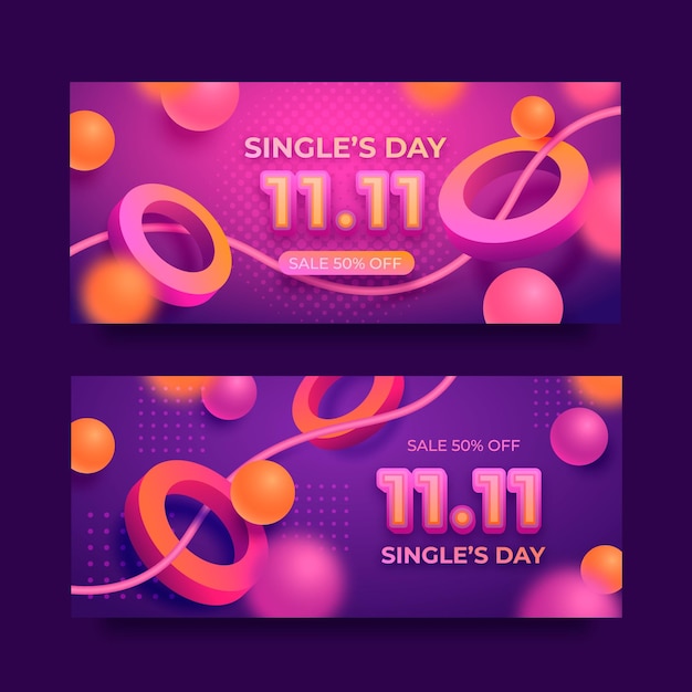 Realistic single's day horizontal banners set