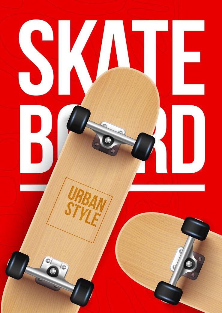 Free Vector realistic skate board composition of red background with text and wooden skateboards with engraving on bottom vector illustration