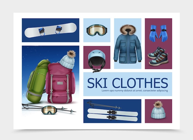 Realistic ski clothes and equipment composition with skis poles goggles backpacks cap helmet jacket sneakers gloves