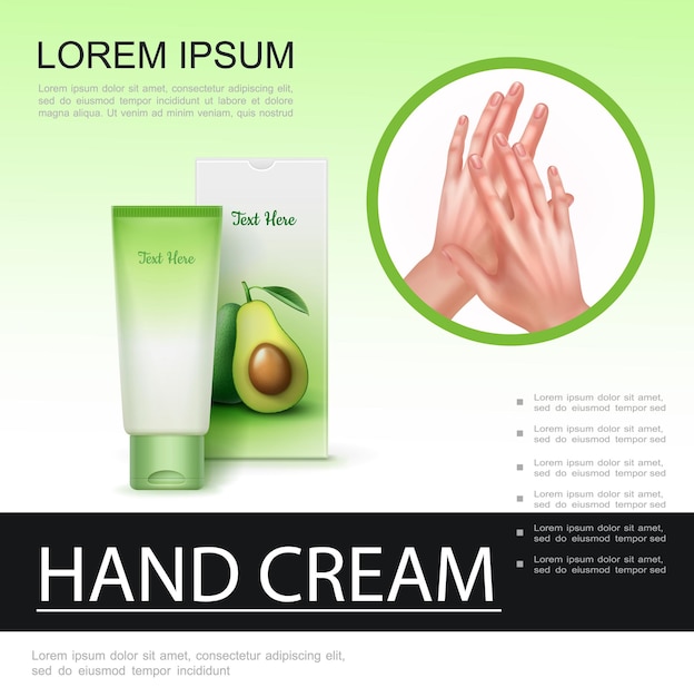 Poster realistico per la cura della pelle con mockup di tubo cosmetico crema e belle mani femminili sane