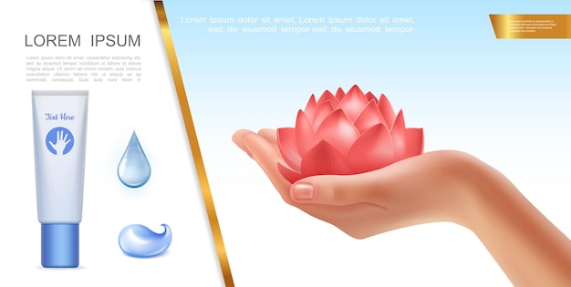 Realistic skincare concept with female hand holding lotus flower water drops and cosmetic tube of cream