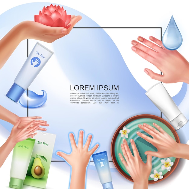 Realistic skincare template with frame for text different hand care procedures cosmetic tubes and packages of cream