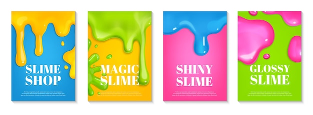 Vettore gratuito set di poster di melma realistico con gocce liquide colorate illustrazione vettoriale isolata