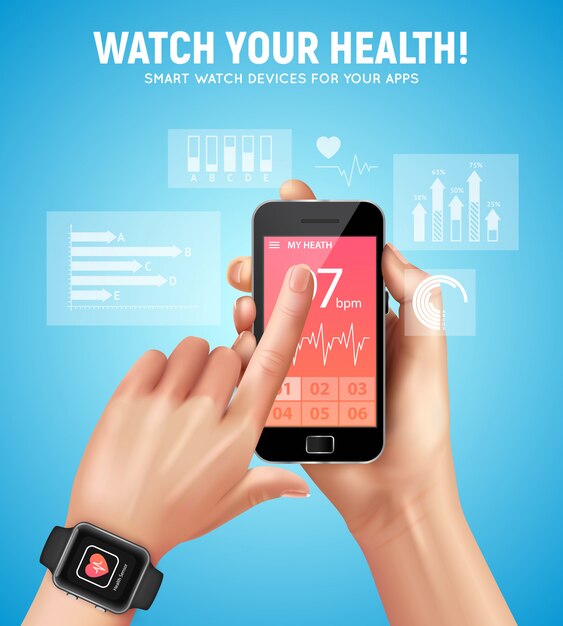 Realistic smart watch health composition with watch your health headline and mans hand vector illustration