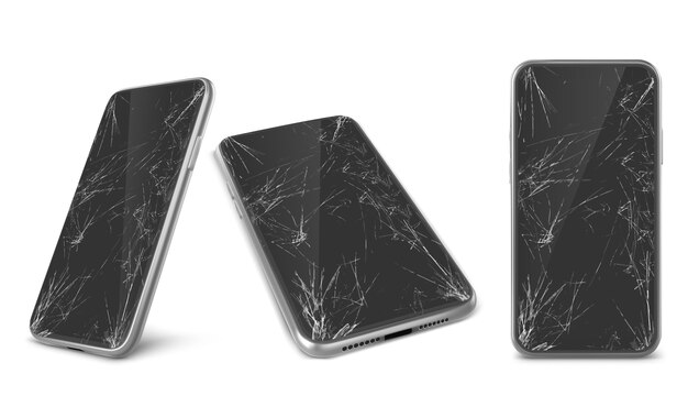 Realistic smartphone collection with broken glass