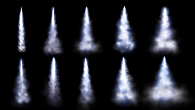 Free vector realistic smoke trails set isolated on black background vector illustration of condensation lines left by aircraft in sky missile launch contrail rocket flight space mission aviation speed effect