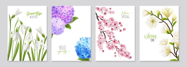 Realistic snowdrop flower banners set featuring four floral backgrounds with realistic images of flowerage and text  illustration