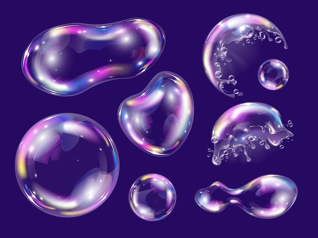 Реалистичные пузыри мыльной пены на темном фоне изолированных векторных иллюстраций