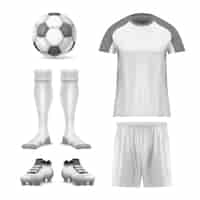 Vettore gratuito l'icona del mockup di calcio realistico imposta uniformi e attributi per l'illustrazione vettoriale del giocatore di calcio