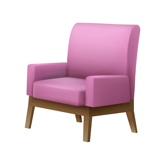 Realistic soft pink armchair with wooden legs on white background vector illustration