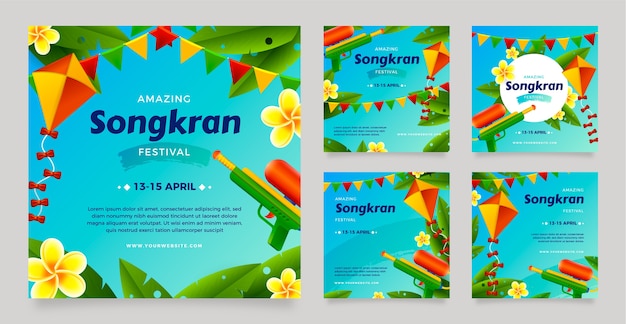 Vettore gratuito collezione di post instagram di songkran realistica