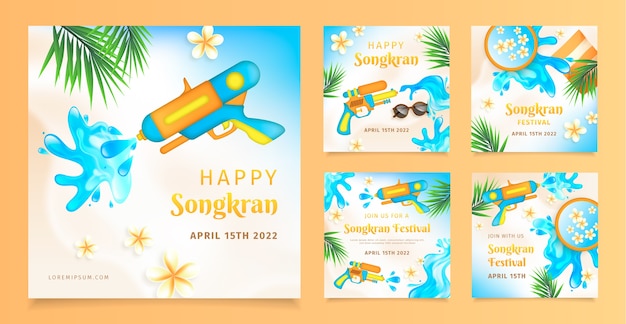 Vettore gratuito collezione di post instagram di songkran realistica