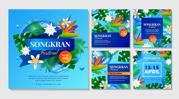 Vettore gratuito collezione di post instagram di songkran realistica