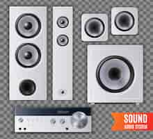 無料ベクター 異なる形状とサイズのイラストで設定されたリアルなサウンドオーディオシステムの透明なアイコン