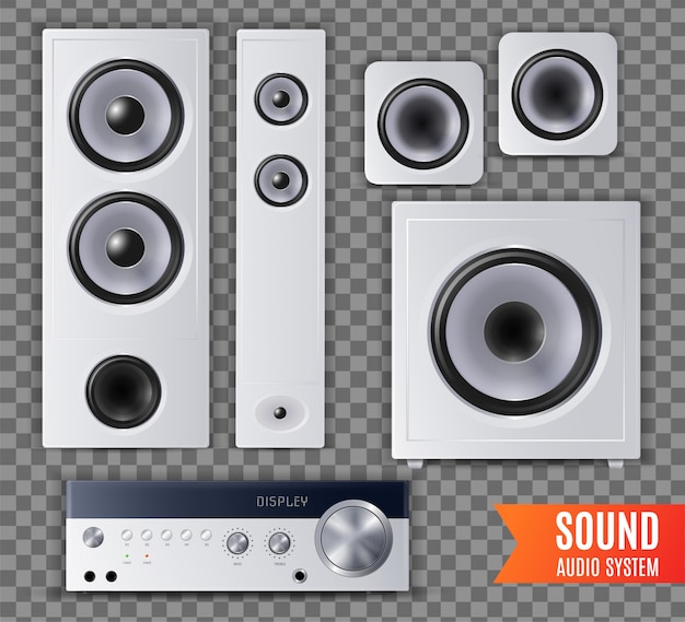 Free vector realistic sound audio system transparent icon set with different shape and size  illustration