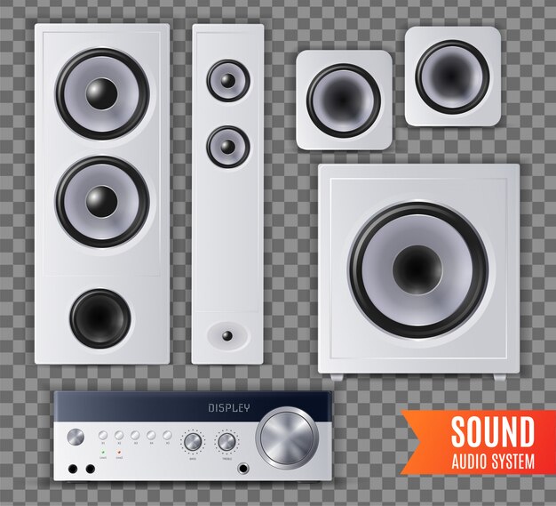 Realistic sound audio system transparent icon set with different shape and size  illustration