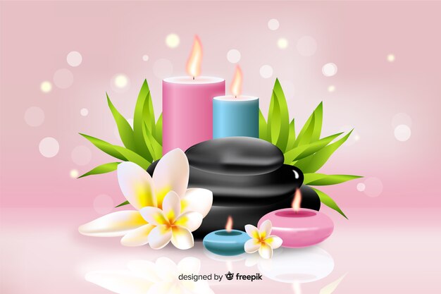 Realistic spa background with candlelight on pink background