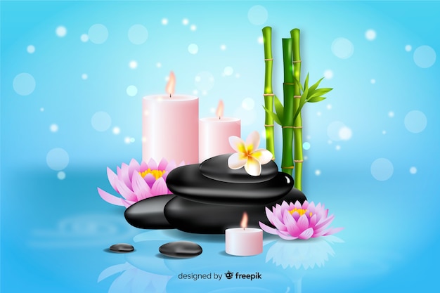 Realistic spa background with candles and bamboo