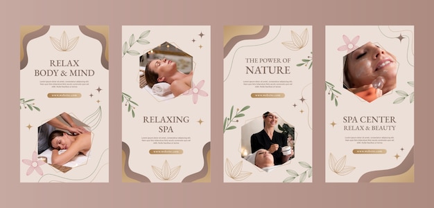 Free vector realistic spa and health instagram stories collection