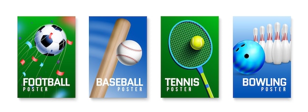 Vettore gratuito lo sport realistico ha colorato l'illustrazione verticale stabilita del manifesto di calcio baseball tennis e titoli di bowling di vettore