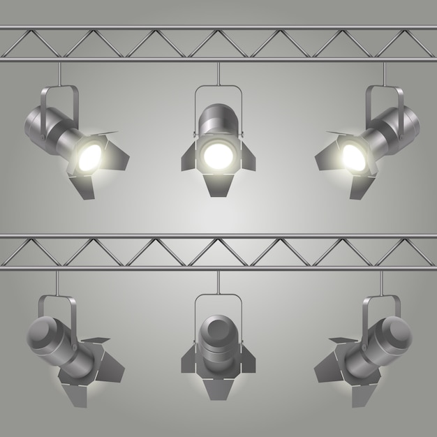 Free vector realistic spotlights set hanging on iron slabs of ceiling and shines on stage vector illustration