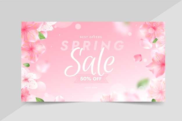 Free vector realistic spring sale horizontal banner with cherry blossom