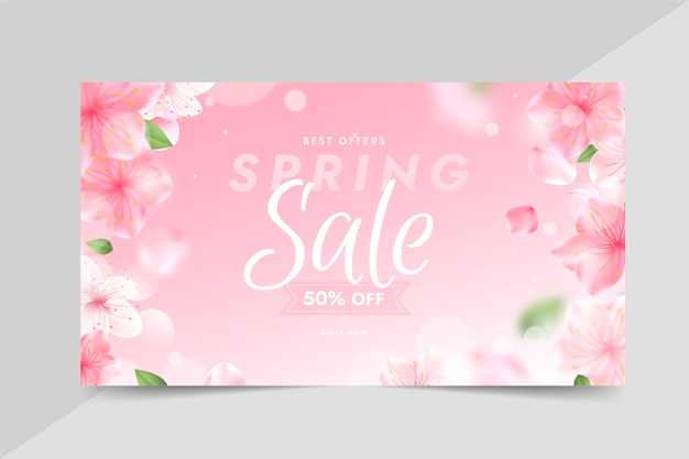 Realistic spring sale horizontal banner with cherry blossom