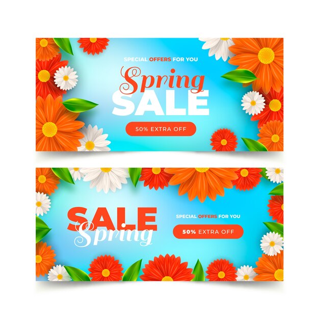 Free vector realistic spring sale horizontal banners set