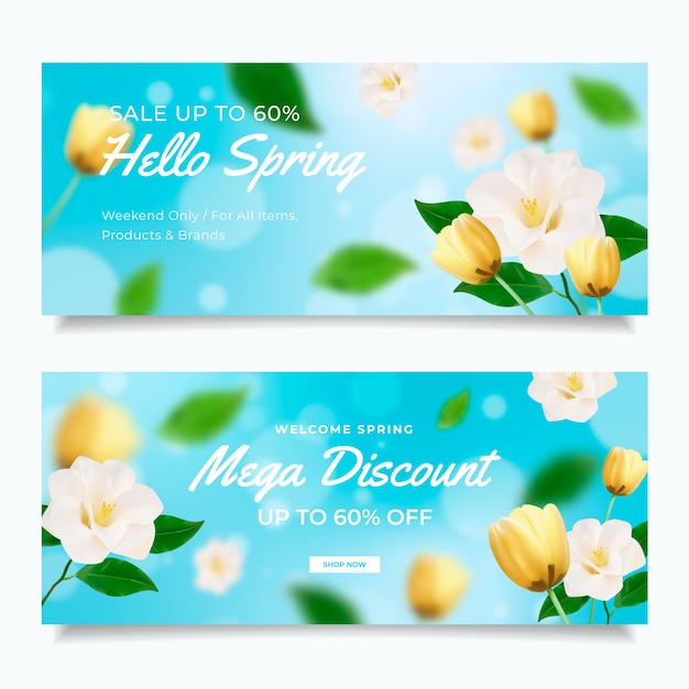 Realistic spring sale horizontal banners set