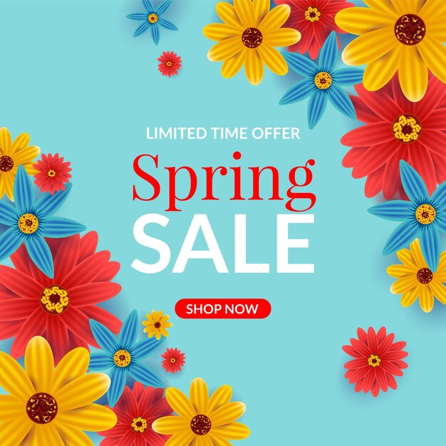 Realistic spring sale with red and yellow flowers