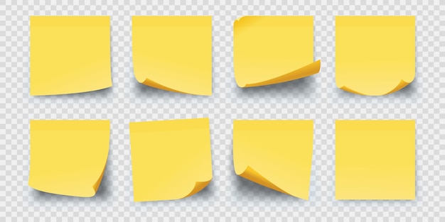 Реалистичные квадратные желтые бумажные липкие заметки. наклейки с напоминаниями в офисе с загнутыми углами. настенный блокнот для набора векторных каракули. иллюстрация клейкой бумаги офисной бумаги