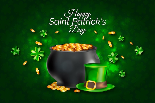 Realistic st. patrick's day illustration with cauldron and coins