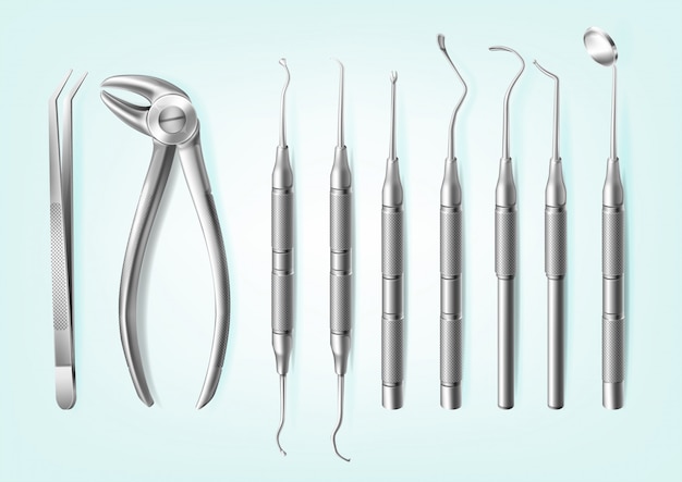 Free vector realistic stainless steel professional dental tools for teeth