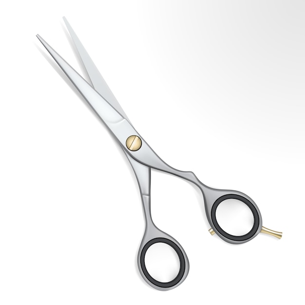 Realistic steel scissors with gold detail on white