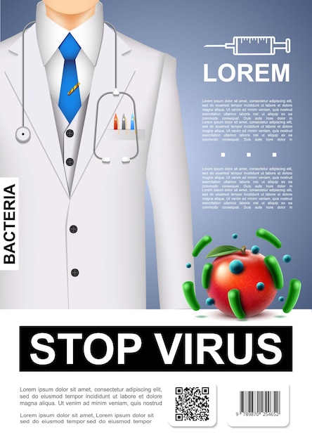 Реалистичный плакат остановки вируса с доктором и грязным яблоком, полным бактерий и микробов