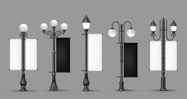 Realistic street light collection with banners