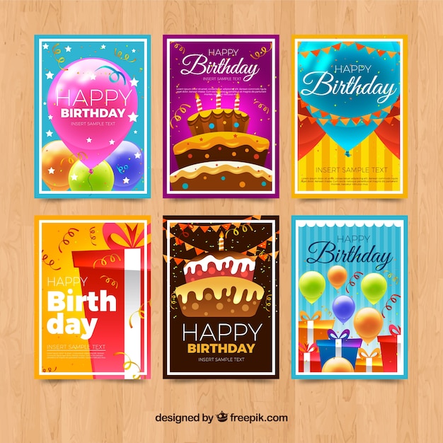 Realistic style colorful birthday cards collection