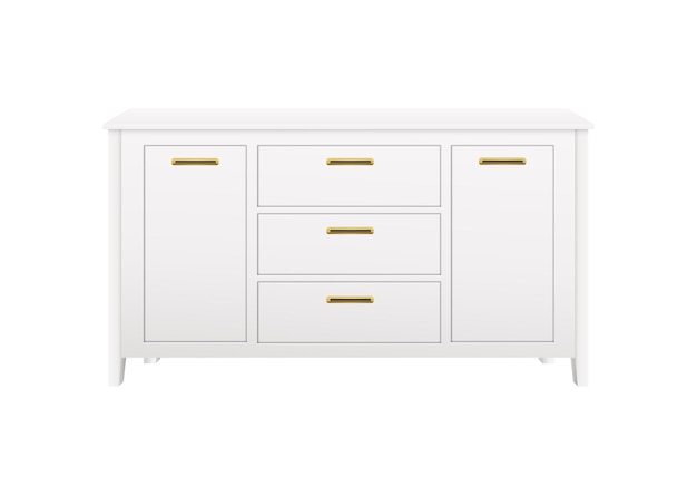 Realistic stylish white dresser with golden handles vector illustration