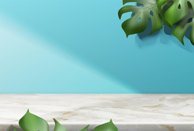 現実的な夏の背景製品と化粧品は、エキゾチックなヤシの葉を持つ大理石のテーブルを表示します
