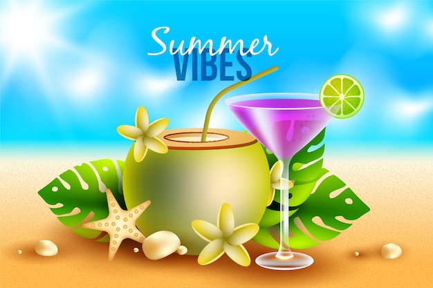 Realistic summer background with cocktail