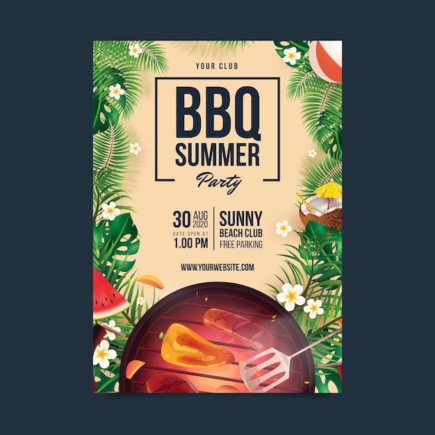 무료 벡터 그릴과 음식이 있는 현실적인 여름 바베큐 초대 템플릿