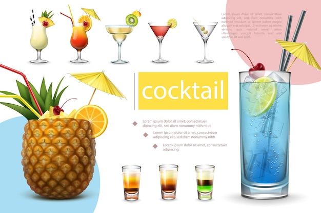 Vettore gratuito collezione di cocktail estivi realistici con pina colada tequila sunrise margarita cosmopolitan martini blue lagoon e diversi shot drink