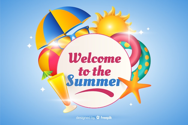 Realistic summer elements surrounding sign background